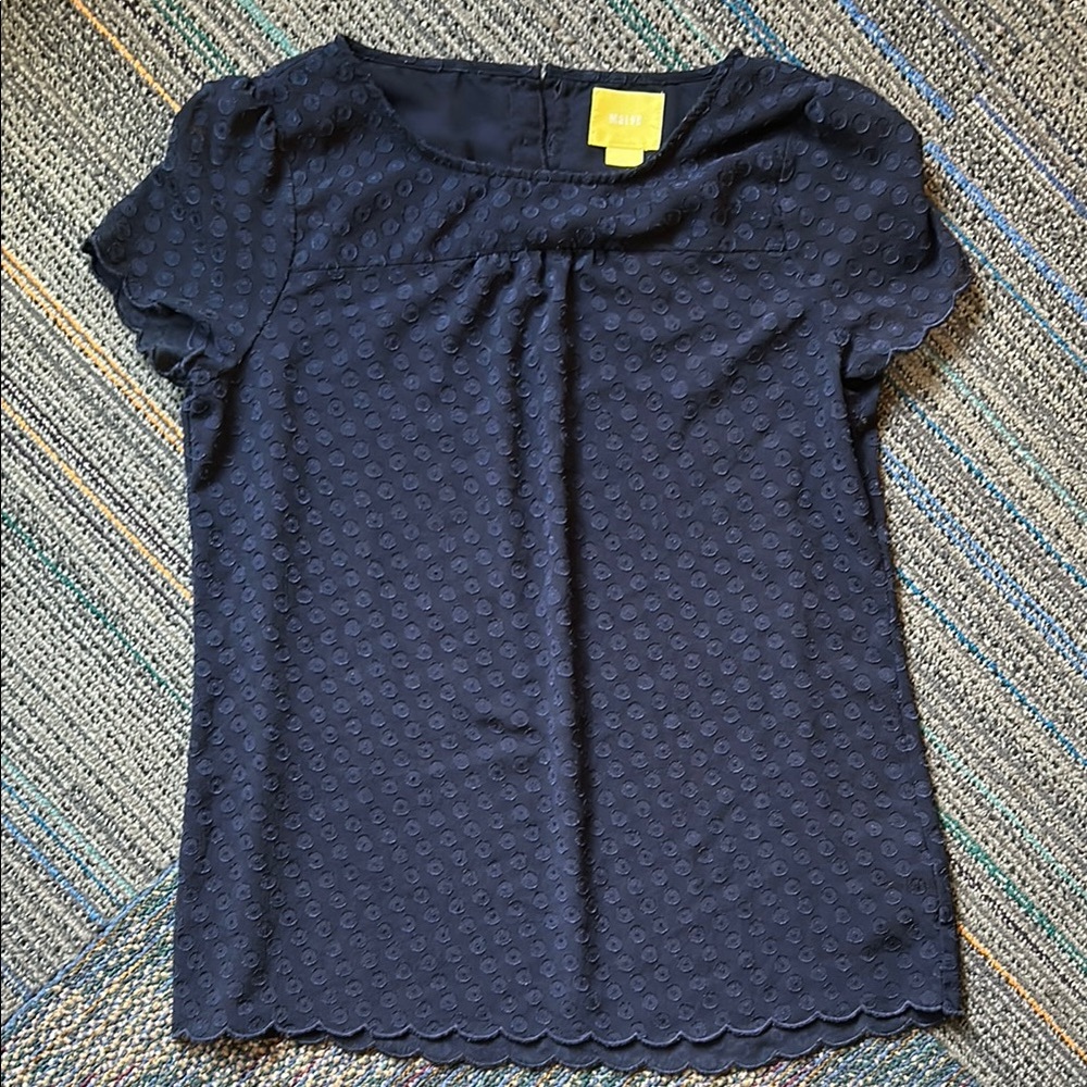 Anthropology Maeve Blue Sheer Scalloped Blouse with Short Sleeves